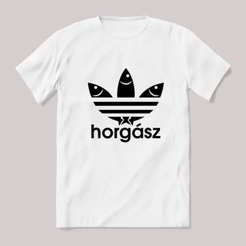 Horgász, adidas paródia. Fehér póló