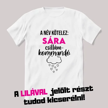 Név kötelez, csillám kommandó. Fehér névnapos feliratos vicces póló.