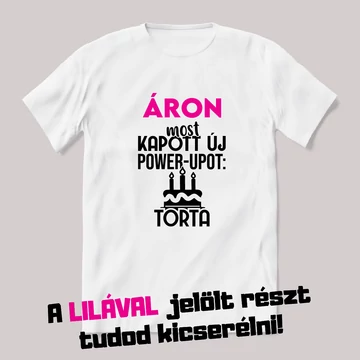 A névnapos power up-ot kapott: torta. Fehér névnapos feliratos vicces póló.