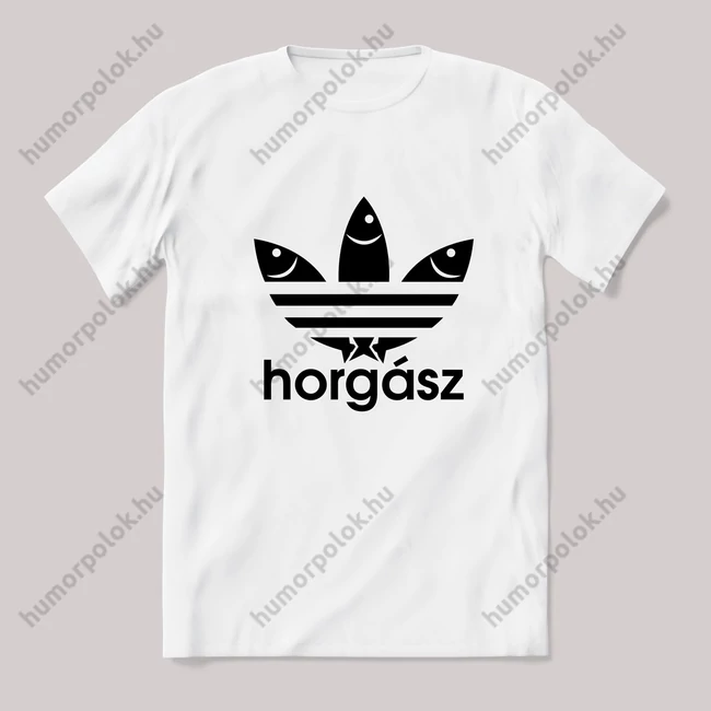 Horgász, adidas paródia. Fehér póló