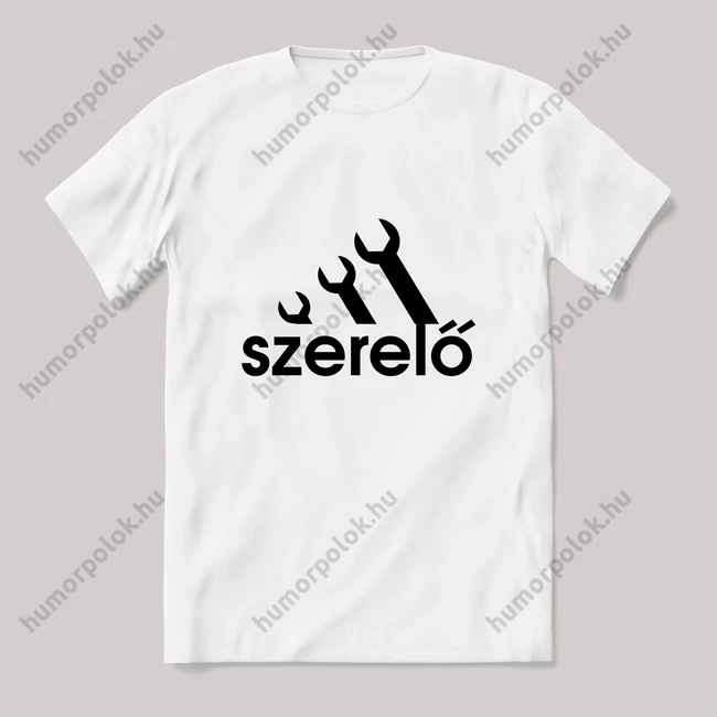 Szerelő, adidas paródia. Fehér póló