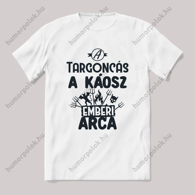 Targoncás, a káosz emberi arca. Fehér feliratos vicces szakmás póló.