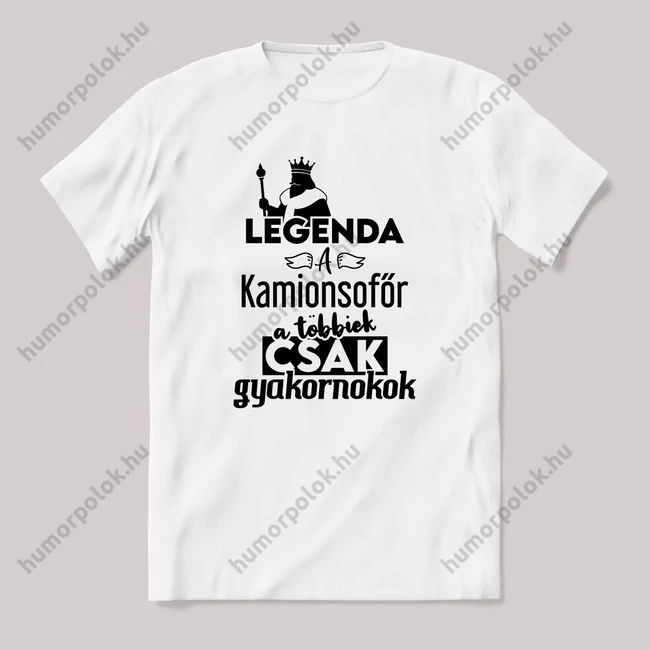 Legenda a Kamionsofőr, a többeik csak gyakornokok. Fehér feliratos vicces szakmás póló.