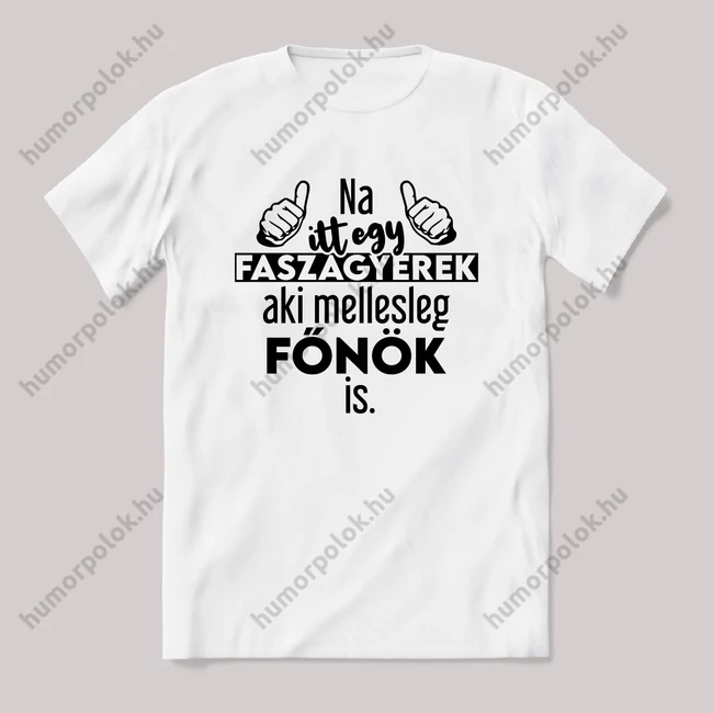 Na itt egy faszagyerek, aki mellesleg Főnök is. Fehér feliratos vicces szakmás póló.