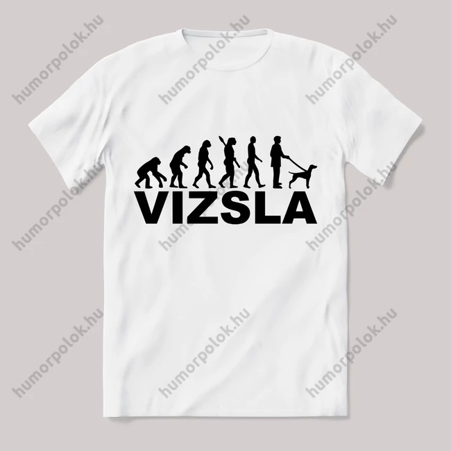 Vizsla evolúciós kutyás. Feliratos fehér póló.