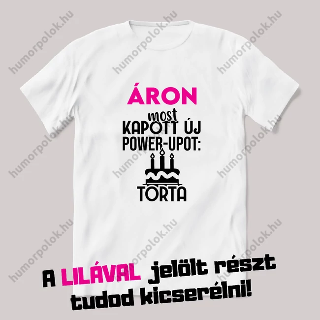 A névnapos power up-ot kapott: torta. Fehér névnapos feliratos vicces póló.