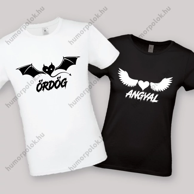 Ördög, Angyal. Feliratos fehér páros póló.