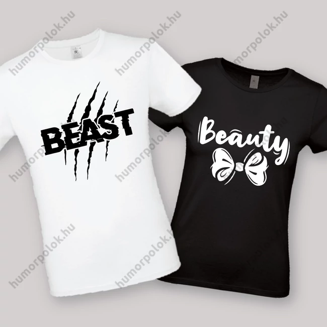 Beast, Beauty. Feliratos fehér páros póló.